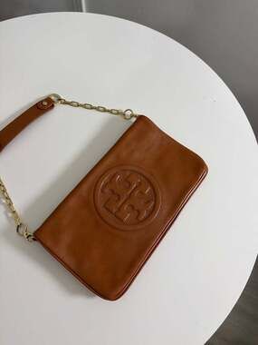 Tory Burch Marion Foldover Leather Clutch Shoulder Bag in Tan